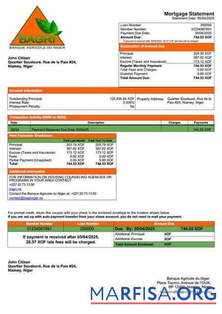 Blank Niger Banque Agricole du Niger mortgage statement Word and PDF template